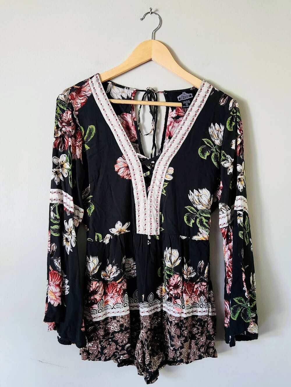 Angie Romper Black Floral With Bell Sleeves Sz S
